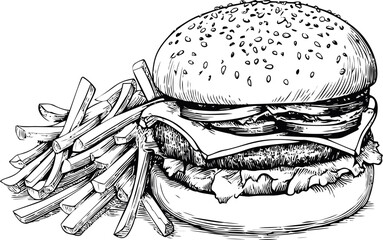 Black and white sketch of cheeseburger with fries, detailed food illustration. Vector illustration