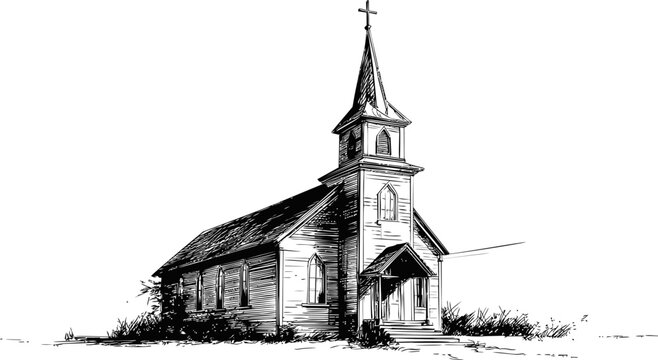 Black and white sketch of a wooden church with tall steeple and cross. Vector illustration
