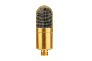 Gold metallic microphone with mesh grill for professional audio recording, cut out