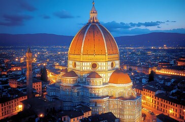 Fototapeta premium Illuminated duomo and florence cityscape at dusk capturing beautiful italian architecture and scenery.