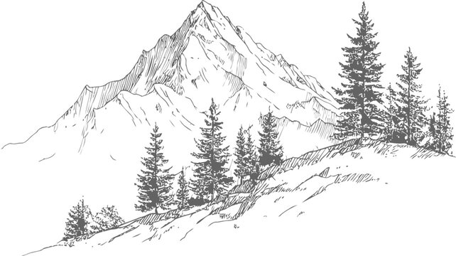 Black and white mountain sketch with pine trees on a hillside landscape. Vector illustration