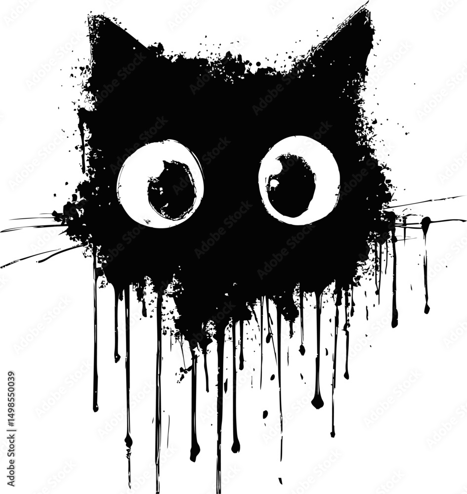 Poster silhouette of a cat with large eyes in black ink dripping effect. vector illustration