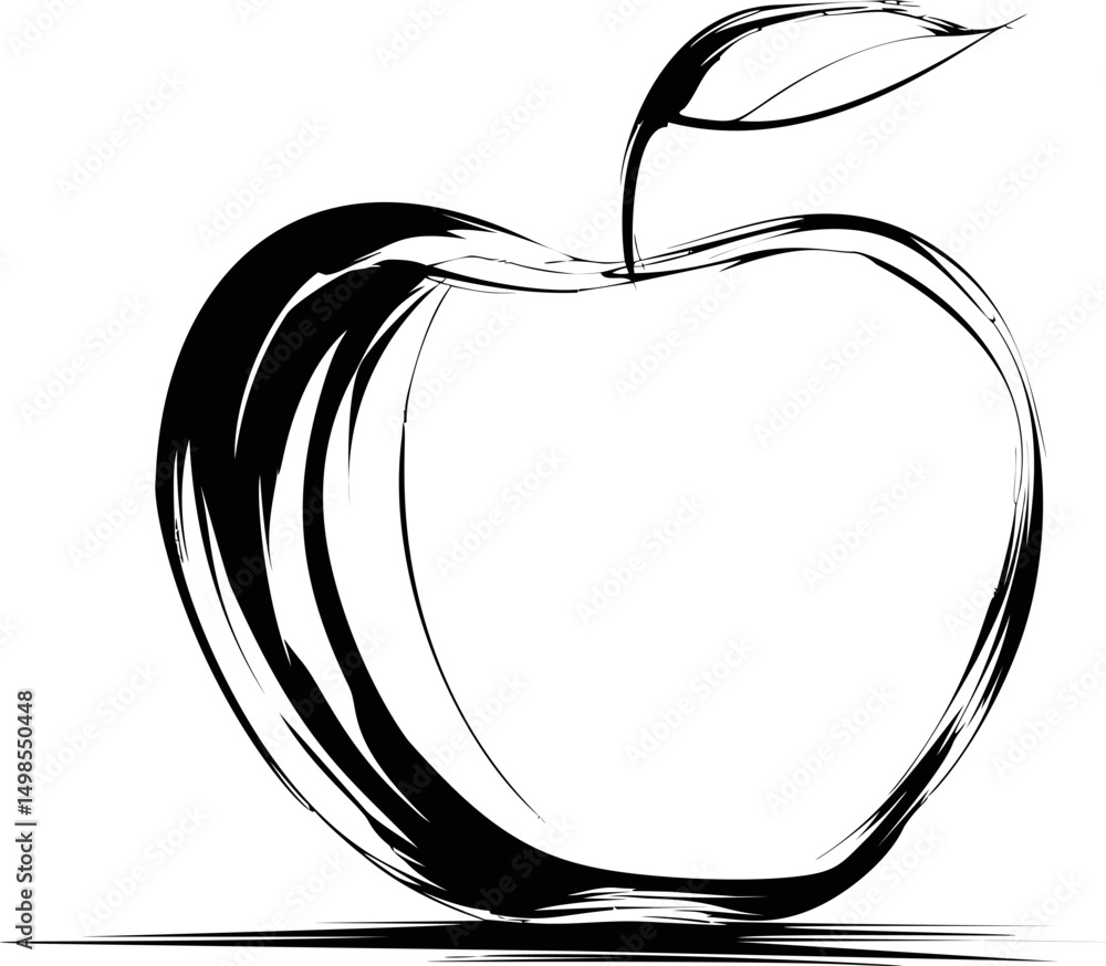 Poster Black and white sketch of apple with leaf in abstract curvy style. Vector illustration