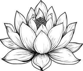Detailed line art of a blooming lotus flower in black and white illustration. Vector illustration