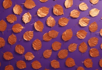 Dry orange metallic leaves, violet backdrop  Geometric leaf pattern  , surface, image, detail