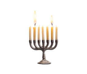 Fototapeta premium Lit seven-branched metal candelabra with burning wax candles, cut out