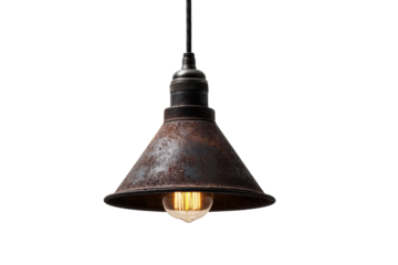 Rustic vintage hanging lamp with exposed bulb against black background, cut out