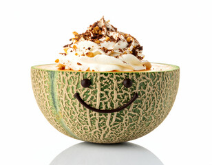 A smiling melon bowl filled with whipped cream and toppings.