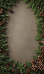 Lush fir branches and pine cones form a rustic Christmas border , evergreen, winter border