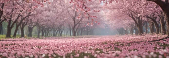 Delicate pink sakura petals drift against a soft-focus backdrop of blossoming cherry trees ,  dreamy,  falling,  delicate petals