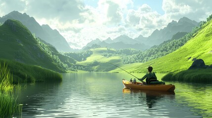 Obraz premium A 3D character in a fishing kayak, casting their fishing line in the middle of a river surrounded by green, rolling hills.