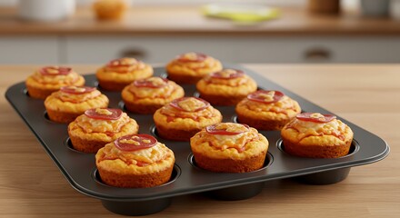 Pizza muffins with hidden veggie sauce. Mini pepperoni toppings, perfect for little hands, lunchbox favorite