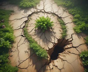 Abstract image of a cracked earth giving way to lush green growth,  change,  nature