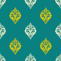 The daemas-free wallpaper, emerald green background color, contrasted with gold and cream color, is a Vector-shaped flower pattern.