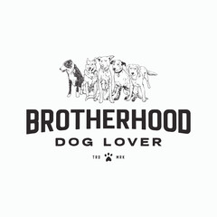 Group of six strong dogs with different breed. Hand drawing style round logo style with paw print as small complement