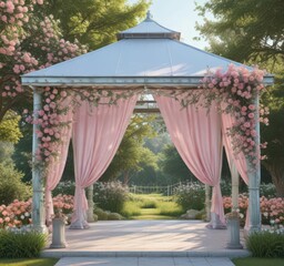 Pastel floral banners draped on a metal gazebo in scenic outdoor setting , metal, outdoor, elegant