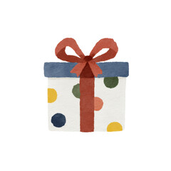 Gift Box Delight: A vibrantly illustrated gift box, adorned with a playful polka-dot pattern, is tied with a delicate red ribbon. Perfectly suited for conveying warmth, generosity.