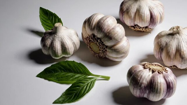 Fresh garlic and basil leaf transition on white background in natural light