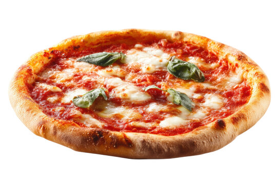 Delicious margherita pizza with melted cheese and fresh basil garnish, cut out