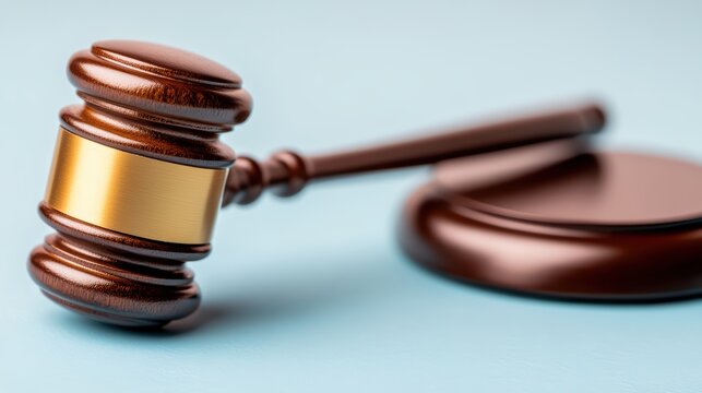 A wooden judge's gavel with a gold band rests beside its sound block on a light blue surface.