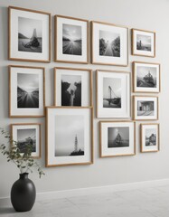 Gallery wall mockup; various sized frames, white background,  background,  rustic