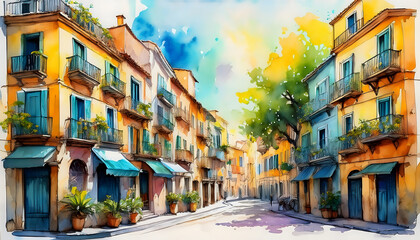 Naklejka premium A vibrant watercolor illustration shows a sun-drenched European street with colorful buildings, balconies, and awnings under a bright sky