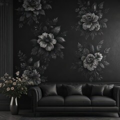 Luxurious black charcoal floral wallpaper, stylish interior , room, elegant, shadow play