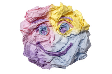 Fototapeta premium Colorful crumpled paper smile: creative art with pink, yellow, and purple hues, cut out