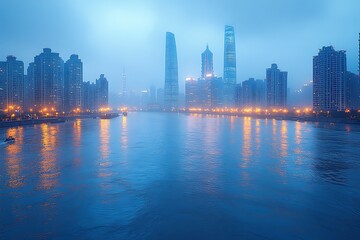 Obraz premium Misty shanghai skyline illuminated at dusk reflecting on the calm waters of the river