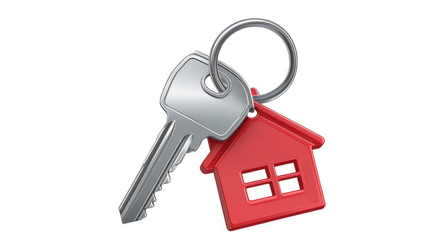 A realistic house key with a red house-shaped key fob for home ownership