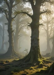 Dawn mist clings to ancient, moss-draped trees, ethereal light filters through ,  rustic,  landscape,  illustration