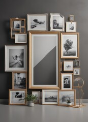 Modern photo frame collage mockup; stylish design, various shapes and sizes,  shapes,  texture