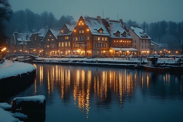 Scenic winter evening view of illuminated european town reflecting in calm water.