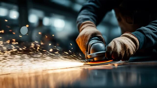Close-up of auto technician using angle grinder on steel part, high-detail sparks and safety gear visible