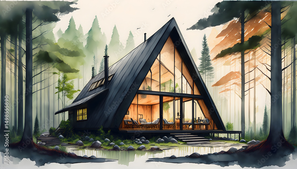 Poster an a-frame cabin with large glass windows sits nestled in a dense, stylized forest, illuminated from