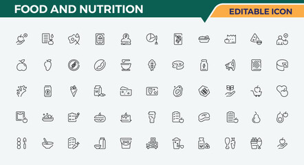 Food And Nutrition icon set. Thin linear style icons. Contains related to health, dietary, art, balance, vitamin, gmo. Editable stroke. Pixel Perfect. Vegetarian icon set.