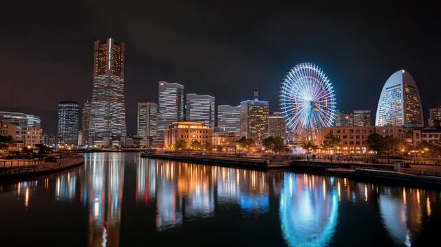 Night view of Yokohama skyline and Cosmo Clock 21 Ferris wheel, romantic cityscape scene
