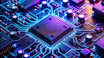 Fototapeta premium Electronic circuit board with blue and purple wiring, microchips