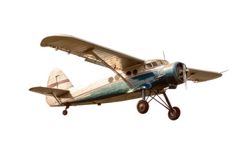 Vintage biplane aircraft flying with landing gear down against clear sky, cut out