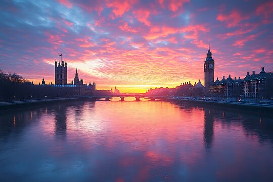 Beautiful vibrant sunset over the iconic london landmark big ben and the thames river