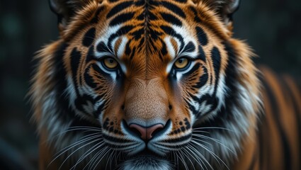 Fototapeta premium Close-Up Portrait of a Majestic Tiger Staring Intently with Striking Stripes and Fierce Expression