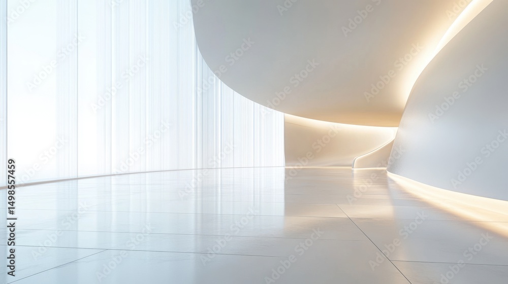Poster this image captures a modern minimalist interior featuring smooth curves and bright lighting element