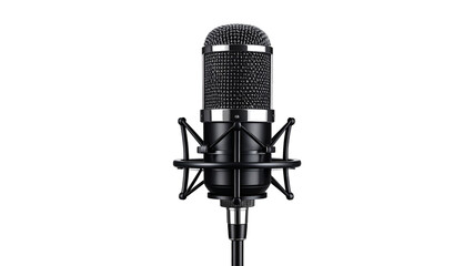 Professional black condenser microphone isolated on white background for audio recording and podcasting