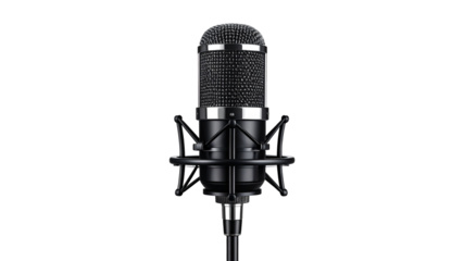 Professional black condenser microphone isolated on white background for audio recording and podcasting