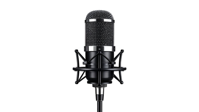 Professional black condenser microphone isolated on white background for audio recording and podcasting