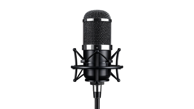 Professional black condenser microphone isolated on white background for audio recording and podcasting