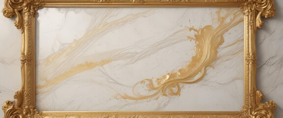 Golden frame with swirling patterns on polished marble ,  engraving,  detail,  reflection