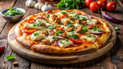 A mouth-watering homemade chicken tikka pizza fresh out of the oven with melted mozzarella cheese and a variety of colorful toppings on a wooden cutting board , food, delicious