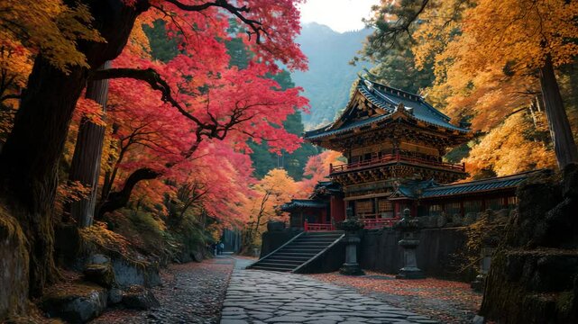 Autumn leaves in Nikko National Park with ancient temple in background, vibrant natural colors