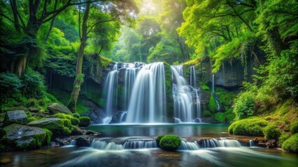 Fototapeta premium Waterfall cascade in dense forest , natural, peaceful, natural, peaceful, outdoors , nature, waterfall, landscape